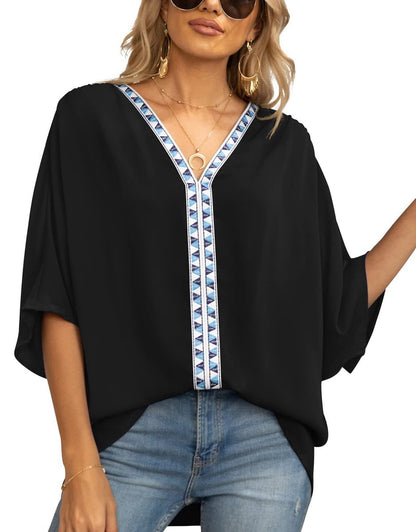 Effortless Embroidered Trim Blouse for Women with V Neck Batwing Sleeve Relaxed Boho Style