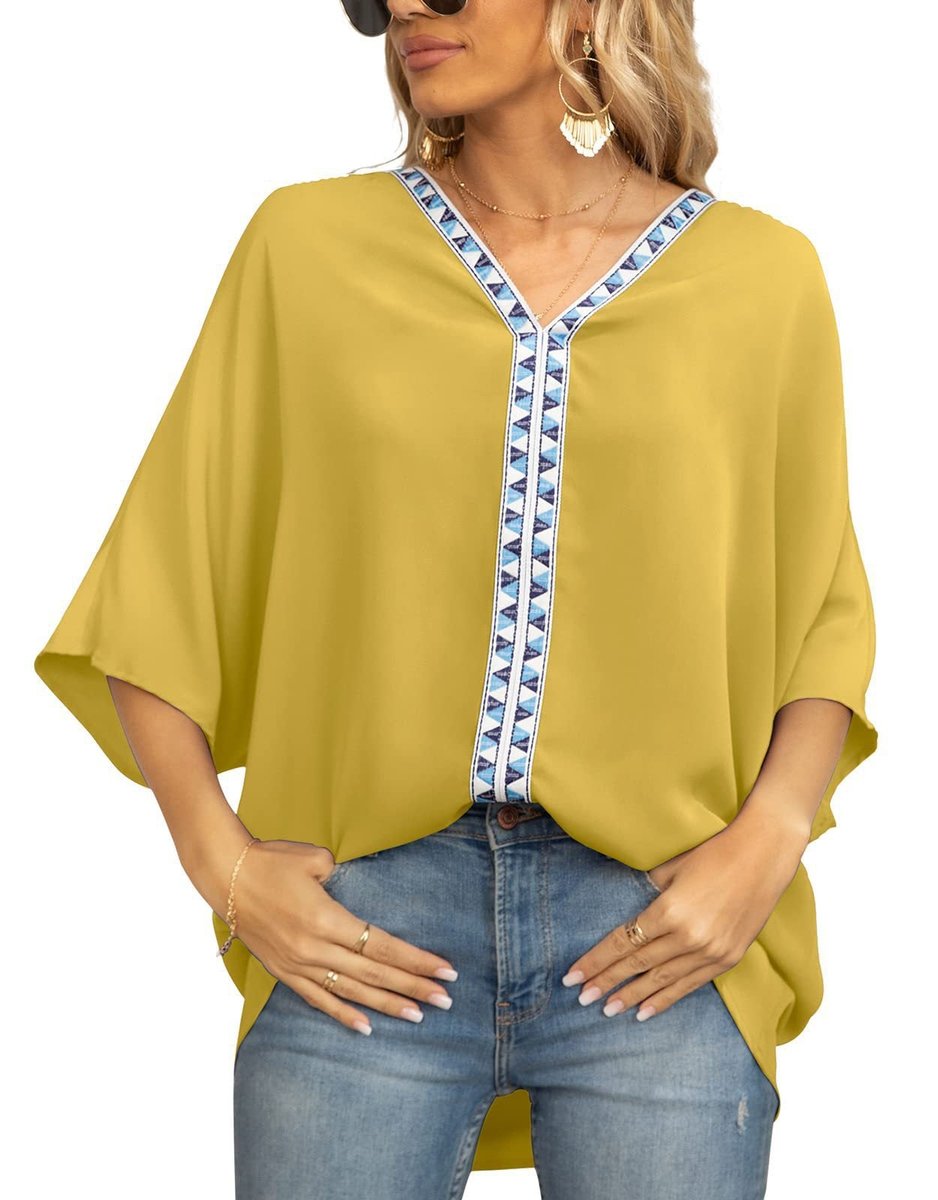 Effortless Embroidered Trim Blouse for Women with V Neck Batwing Sleeve Relaxed Boho Style