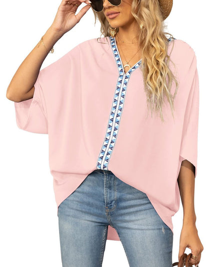 Effortless Embroidered Trim Blouse for Women with V Neck Batwing Sleeve Relaxed Boho Style