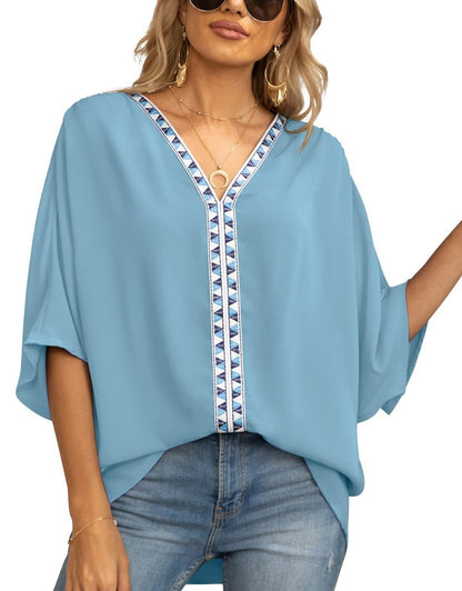 Effortless Embroidered Trim Blouse for Women with V Neck Batwing Sleeve Relaxed Boho Style