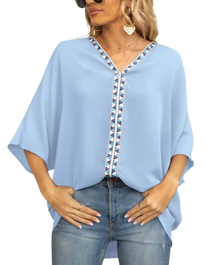 Effortless Embroidered Trim Blouse for Women with V Neck Batwing Sleeve Relaxed Boho Style