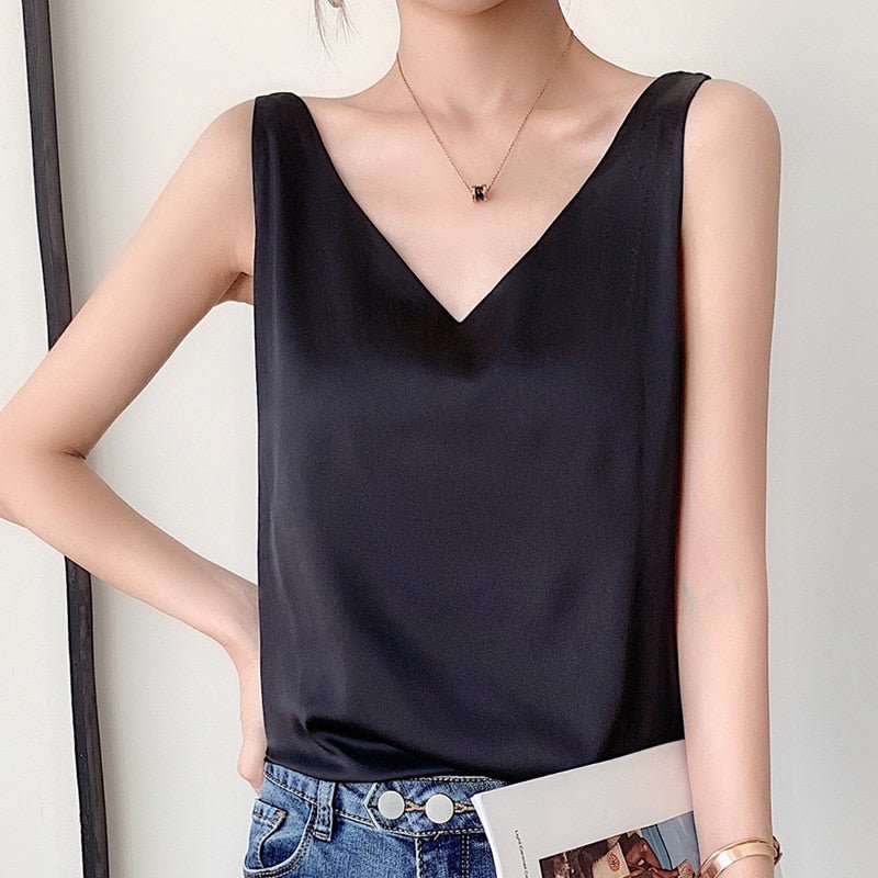Effortless Satin Tank Top for Women with V Neck Sleeveless Relaxed Flowing Style