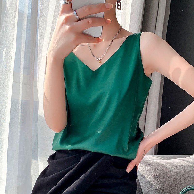 Effortless Satin Tank Top for Women with V Neck Sleeveless Relaxed Flowing Style