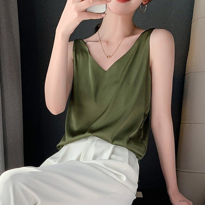 Effortless Satin Tank Top for Women with V Neck Sleeveless Relaxed Flowing Style