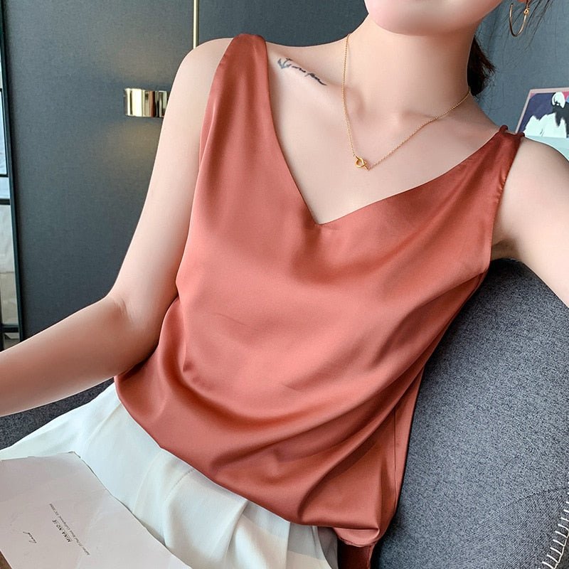 Effortless Satin Tank Top for Women with V Neck Sleeveless Relaxed Flowing Style