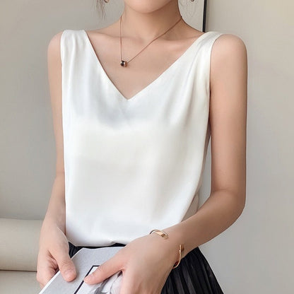 Effortless Satin Tank Top for Women with V Neck Sleeveless Relaxed Flowing Style