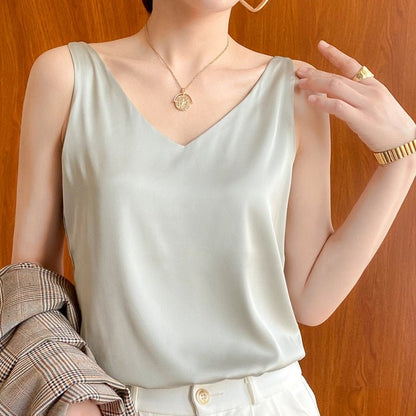 Effortless Satin Tank Top for Women with V Neck Sleeveless Relaxed Flowing Style