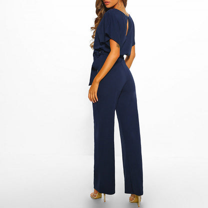 Elegant Wide Leg Jumpsuit for Women with Round Neck Batwing Sleeve Belted Waist Flowing Style