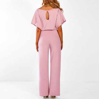 Elegant Wide Leg Jumpsuit for Women with Round Neck Batwing Sleeve Belted Waist Flowing Style
