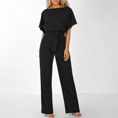Elegant Wide Leg Jumpsuit for Women with Round Neck Batwing Sleeve Belted Waist Flowing Style