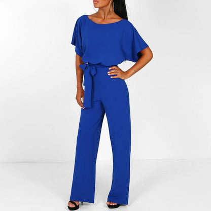 Elegant Wide Leg Jumpsuit for Women with Round Neck Batwing Sleeve Belted Waist Flowing Style