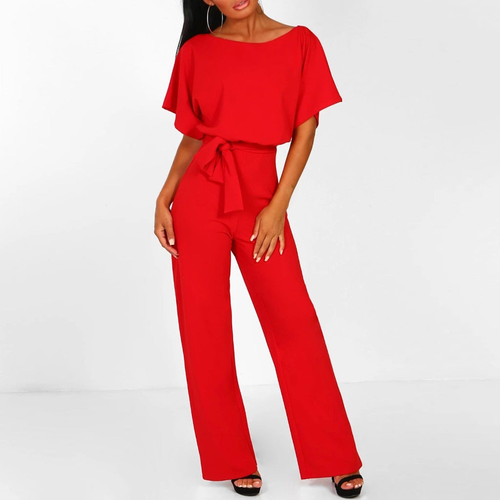 Elegant Wide Leg Jumpsuit for Women with Round Neck Batwing Sleeve Belted Waist Flowing Style