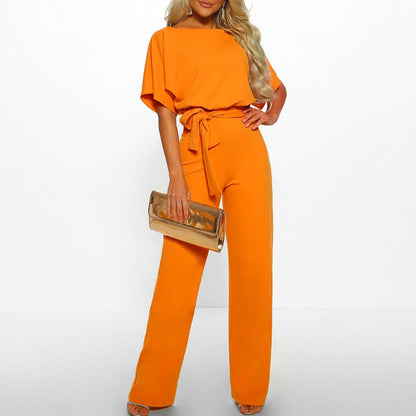 Elegant Wide Leg Jumpsuit for Women with Round Neck Batwing Sleeve Belted Waist Flowing Style