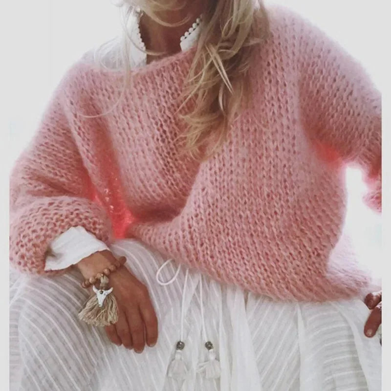 Comfortable Mohair Knit Sweater for Women with Wide Neck Long Sleeve Oversized Relaxed Style