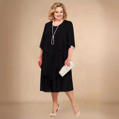 Elegant Chiffon Overlay Midi Dress for Women with Round Neck Elbow Sleeve Mother of the Bride Style