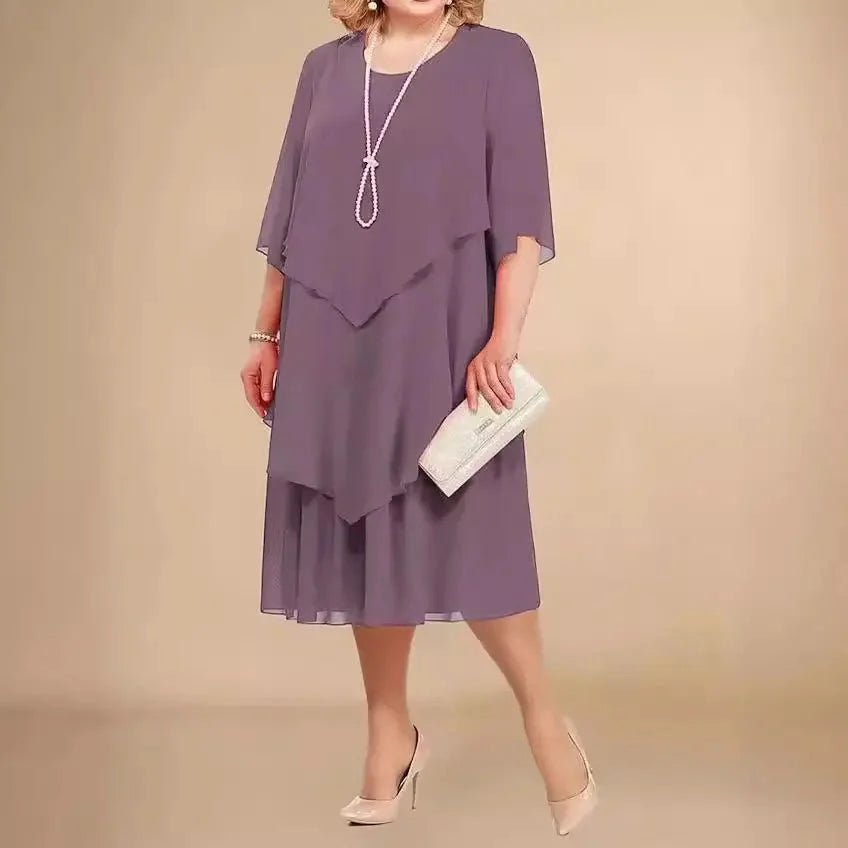 Elegant Chiffon Overlay Midi Dress for Women with Round Neck Elbow Sleeve Mother of the Bride Style