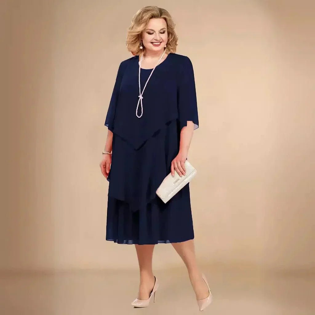 Elegant Chiffon Overlay Midi Dress for Women with Round Neck Elbow Sleeve Mother of the Bride Style