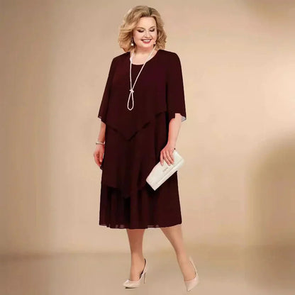 Elegant Chiffon Overlay Midi Dress for Women with Round Neck Elbow Sleeve Mother of the Bride Style