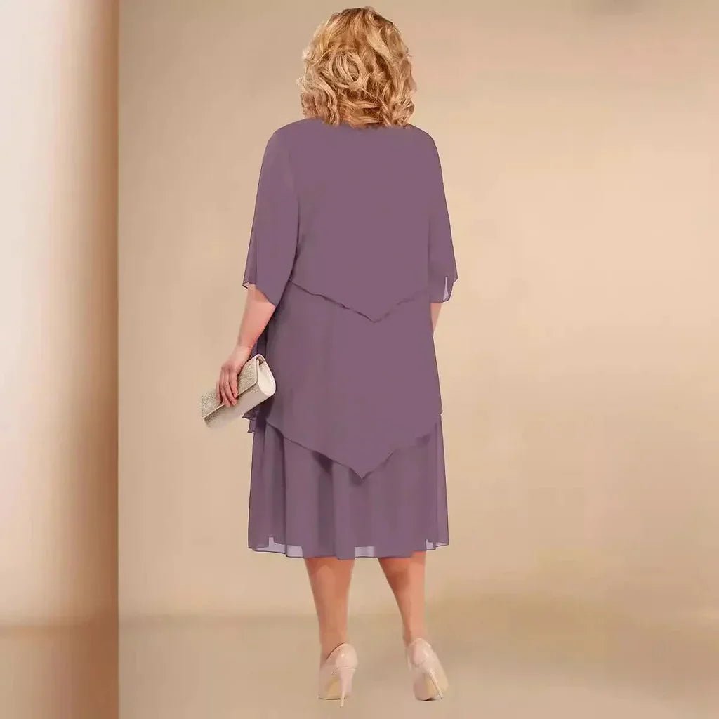 Elegant Chiffon Overlay Midi Dress for Women with Round Neck Elbow Sleeve Mother of the Bride Style