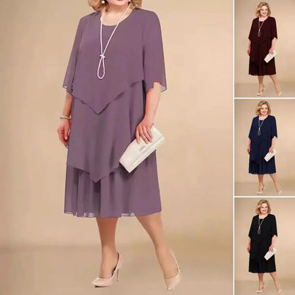 Elegant Chiffon Overlay Midi Dress for Women with Round Neck Elbow Sleeve Mother of the Bride Style