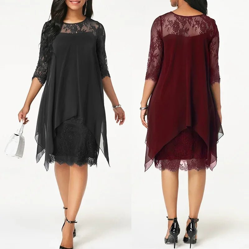 Elegant Lace Midi Dress for Women with Elbow Sleeve Overlay Shift Formal Wedding Guest Style