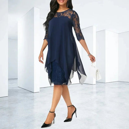 Elegant Lace Midi Dress for Women with Elbow Sleeve Overlay Shift Formal Wedding Guest Style