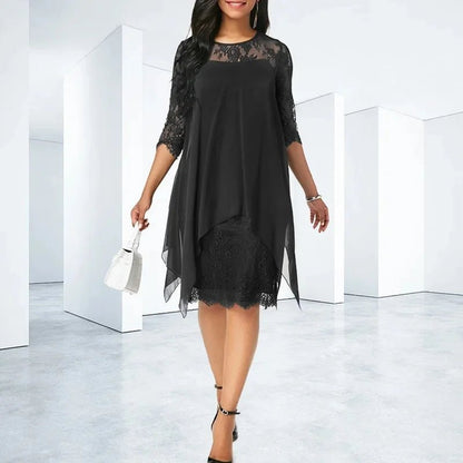 Elegant Lace Midi Dress for Women with Elbow Sleeve Overlay Shift Formal Wedding Guest Style