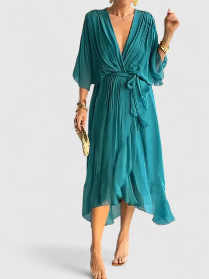 Elegant Maxi Dress for Women with V Neck Batwing Sleeve Wrap Waist Formal Wedding Guest Style