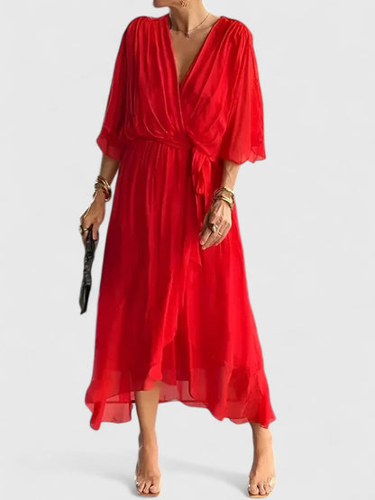 Elegant Maxi Dress for Women with V Neck Batwing Sleeve Wrap Waist Formal Wedding Guest Style