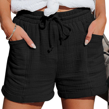 Effortless Cotton Gauze Shorts for Women with High Waist Drawstring Cuffed Hem Relaxed Casual Style