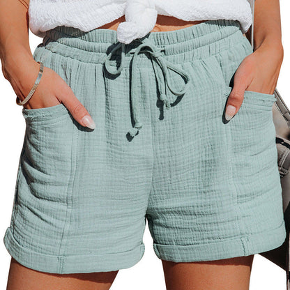 Effortless Cotton Gauze Shorts for Women with High Waist Drawstring Cuffed Hem Relaxed Casual Style