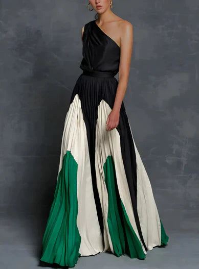 Elegant Colorblock Pleated Maxi Dress for Women with One Shoulder Sleeveless Flowy Formal Wedding Guest Style
