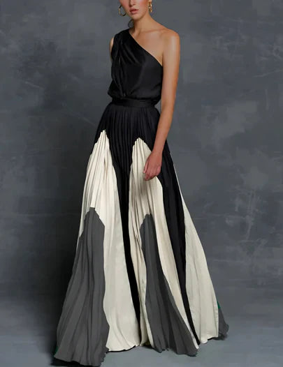 Elegant Colorblock Pleated Maxi Dress for Women with One Shoulder Sleeveless Flowy Formal Wedding Guest Style