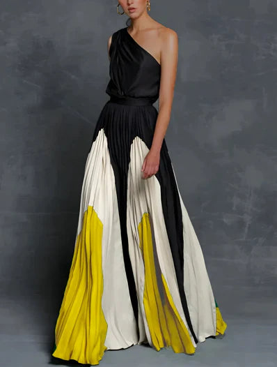 Elegant Colorblock Pleated Maxi Dress for Women with One Shoulder Sleeveless Flowy Formal Wedding Guest Style