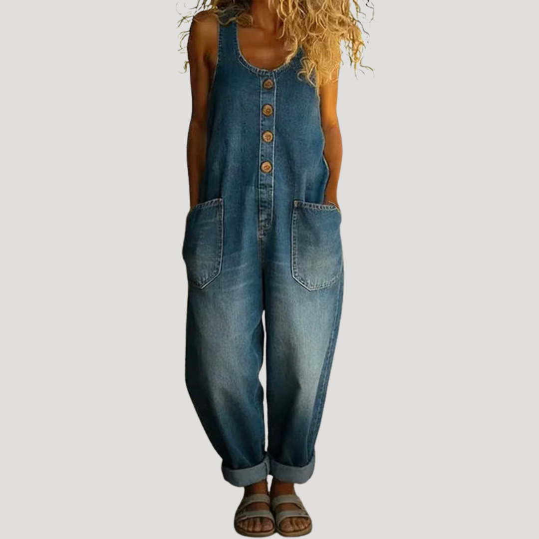 Effortless Denim Wide Leg Jumpsuit for Women with Scoop Neck Button Front Relaxed Casual Style