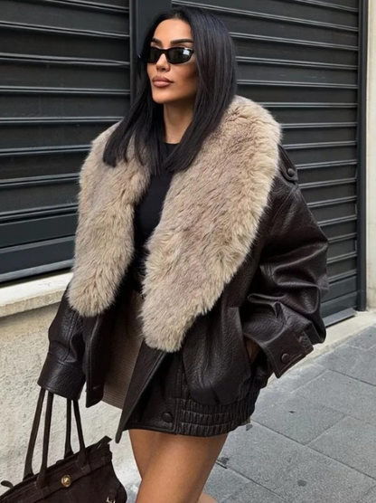 Effortless Leather Bomber Jacket for Women with Fur Collar Long Sleeve Oversized Snap Button Style