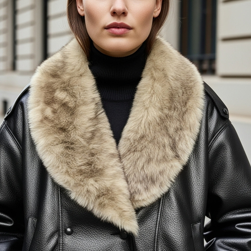Effortless Leather Bomber Jacket for Women with Fur Collar Long Sleeve Oversized Snap Button Style