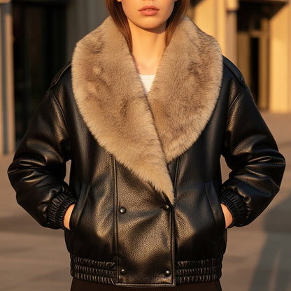 Effortless Leather Bomber Jacket for Women with Fur Collar Long Sleeve Oversized Snap Button Style