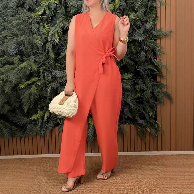 Elegant Wrap Jumpsuit for Women with V Neck Sleeveless Wide Leg Tie Waist Style