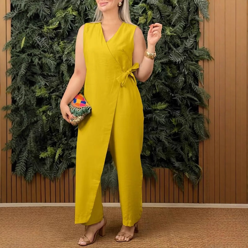 Elegant Wrap Jumpsuit for Women with V Neck Sleeveless Wide Leg Tie Waist Style