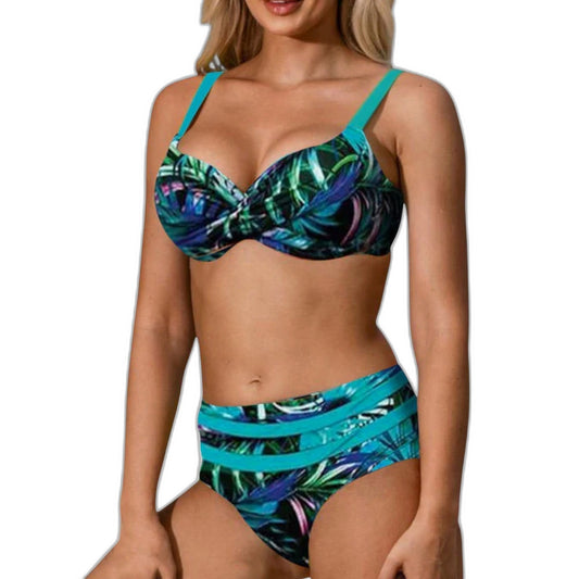 Stylish Abstract Bikini for Women with V Neck Sleeveless Ruched Vacation Style