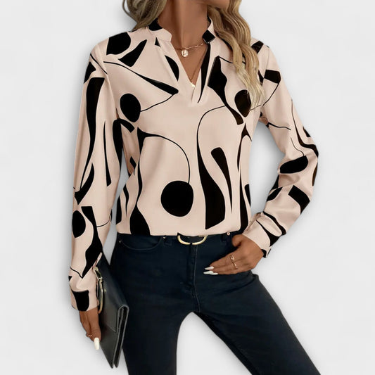 Stylish Abstract Blouse for Women with Collared Long Sleeve Button Front Office Style