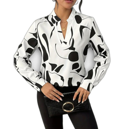 Stylish Abstract Blouse for Women with Collared Long Sleeve Button Front Office Style