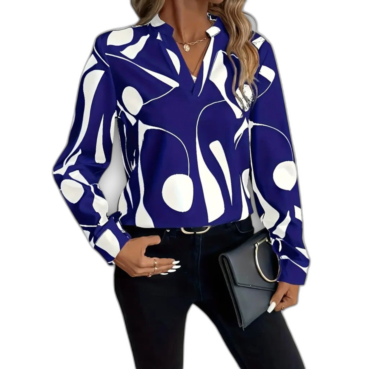 Stylish Abstract Blouse for Women with Collared Long Sleeve Button Front Office Style