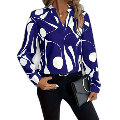 Stylish Abstract Blouse for Women with Collared Long Sleeve Button Front Office Style