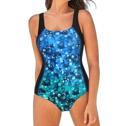 Stylish Abstract Swimsuit for Women with Square Neck Sleeveless Ruched Vacation Style