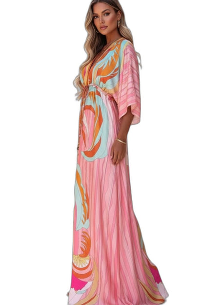 Stylish Abstract Swimsuit for Women with V Neck Long Sleeve Belted Flowing Vacation Style
