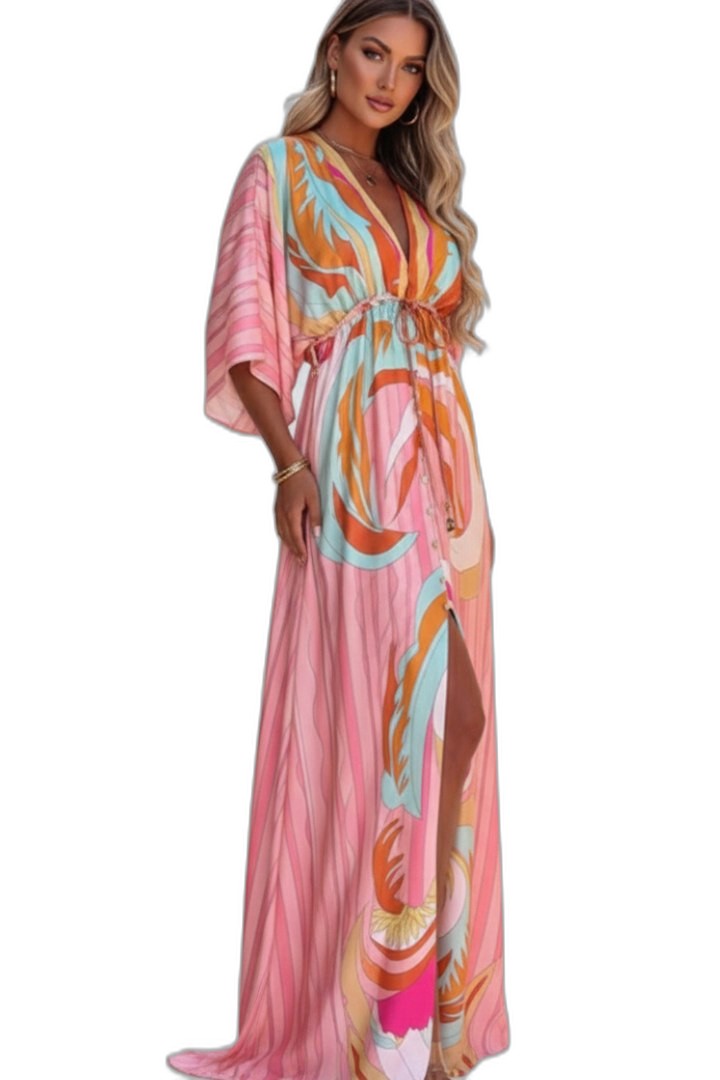 Stylish Abstract Swimsuit for Women with V Neck Long Sleeve Belted Flowing Vacation Style