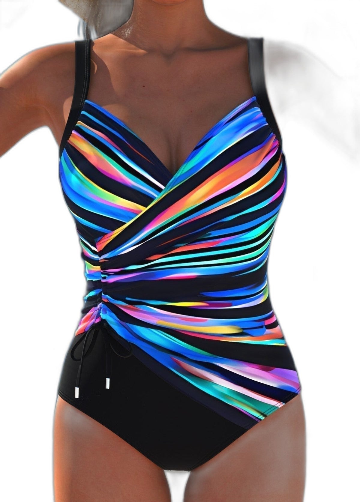 Stylish Abstract Swimsuit for Women with V Neck Sleeveless Wrap Ruched Vacation Style