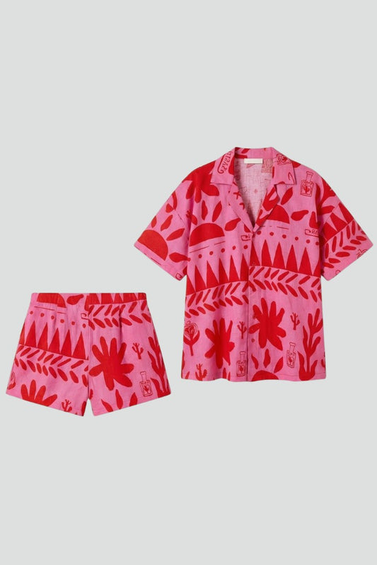Stylish Abstract Two Piece Set for Women with Button Front Vacation Style